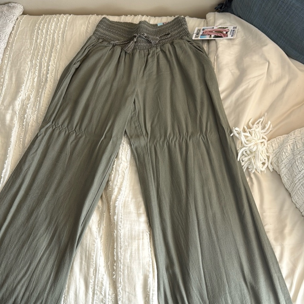 Army Green Elastic Waist Straight Leg Linen Pants